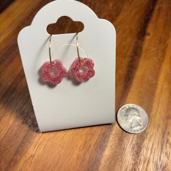 Hot Pink Glitter Flower Earrings On Hoops - Picture 1 of 1